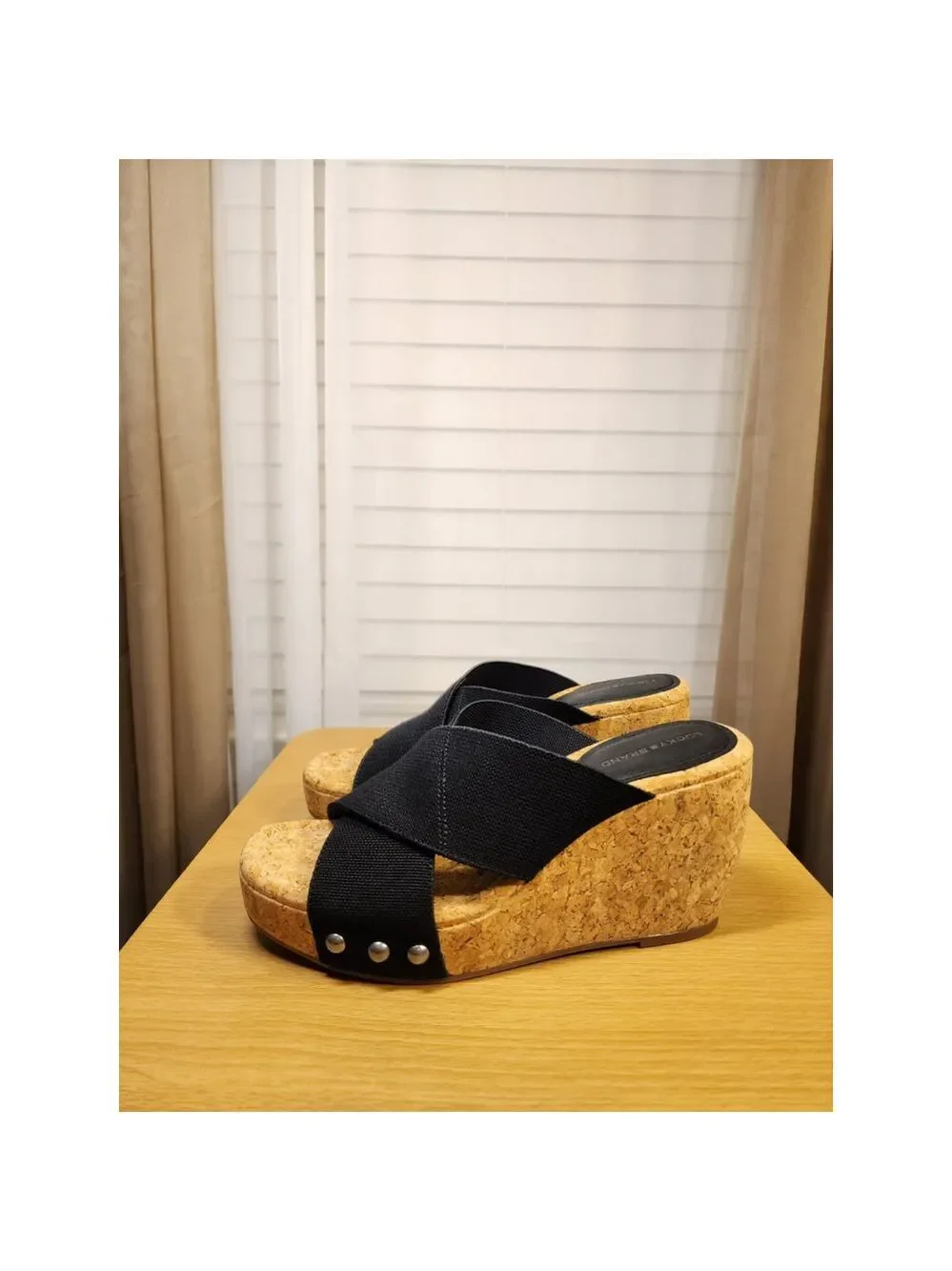 Lucky Brand Studded Criss-cross Cork Platform Wedge Slip On Sandals - 10 M BLACK